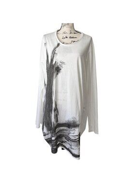 Ozai N Ku Womens 2XL Tunic White Long Sleeve Top Black Abstract Brushstroke